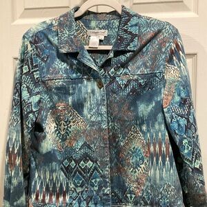 Coldwater Creek Aqua-Blue and Orange Jean Jacket Artistic Design